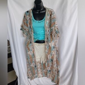 Bohemian Festival Vibes Kimono w/Tank and Lace Shorts 3 Pc Set, Women's M, Jrs L
